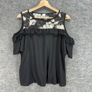 Route 3 Blouse Women L Large Black Floral Cold Shoulder Short Sleeve Wide Strap